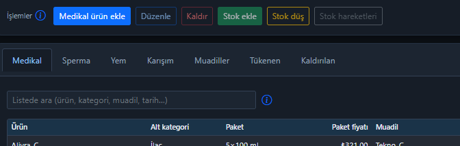 Depo sekmeleri
